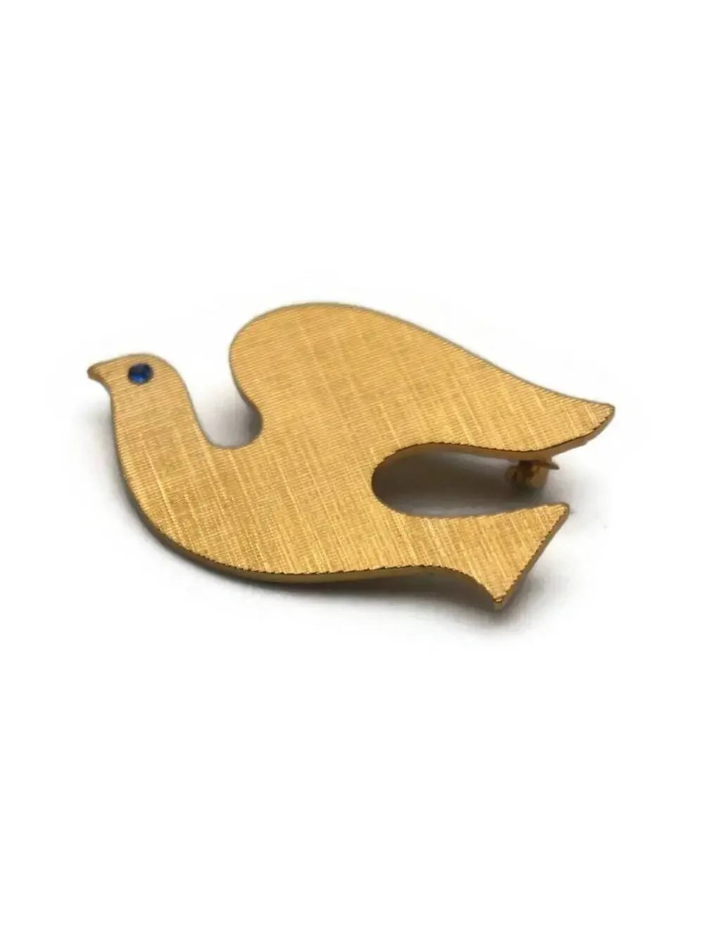 Vintage Brushed Gold Tone Dove Brooch with Blue Rhinestone Eye.